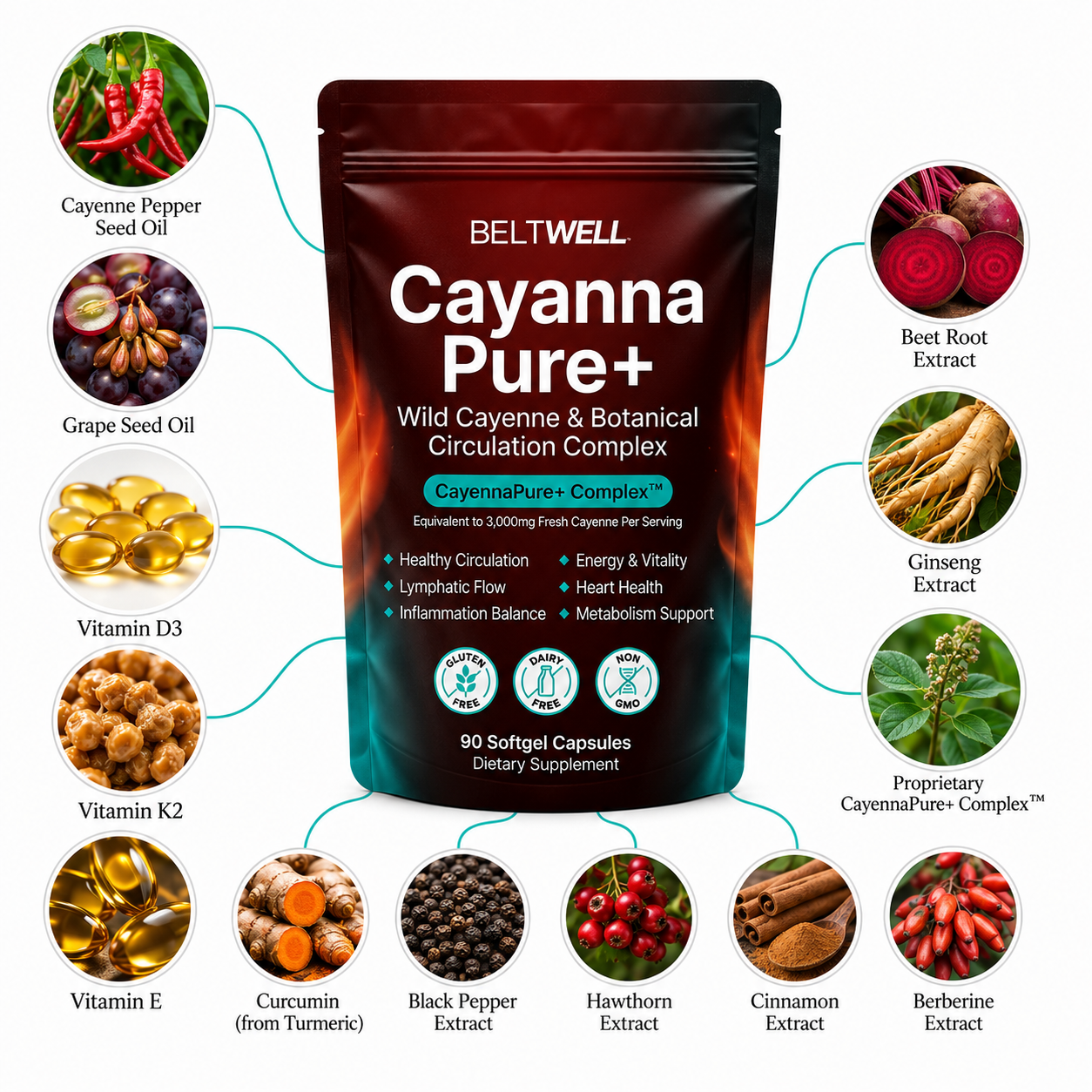 Beltwell® CayannaPure+ Wild Cayenne & Botanical Lymphatic Circulation Support Complex
